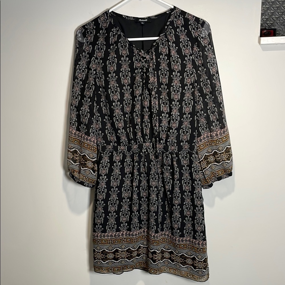 Madewell Boho Print Mini Dress Black Brown Size 8 - Picture 2 of 11
